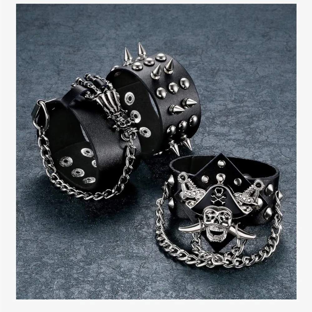 3PCS Spike Studded Bracelet: Rock Biker Wide Set Adjustable Spiked Leather Cuff